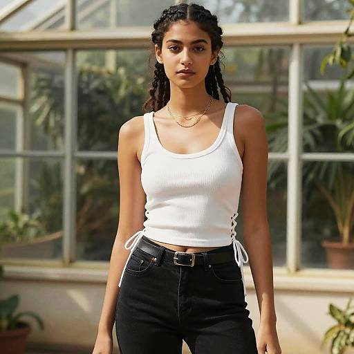 Casual Chic Woman in Greenhouse