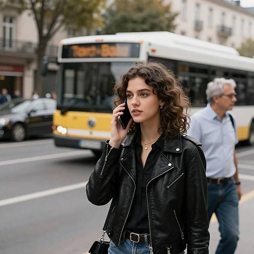 Urban Scene with Young Woman and Bus