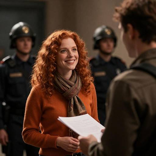 Woman with Red Hair Smiling in Conversation