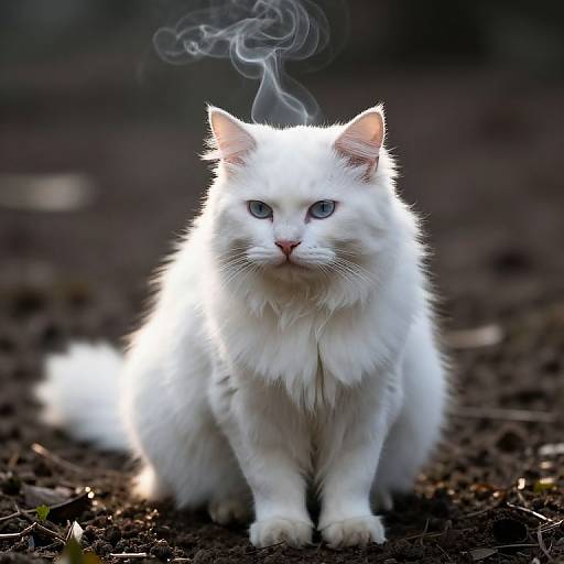 Photograph of a white, fluffy cat with blue eyes, sitting on dark soil, with smoke curling above its head.