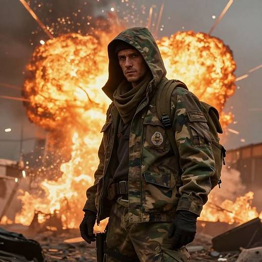 Photograph of a serious male soldier in camouflage hood and scarf, standing in front of a massive, fiery explosion, holding a gun. Background shows debris