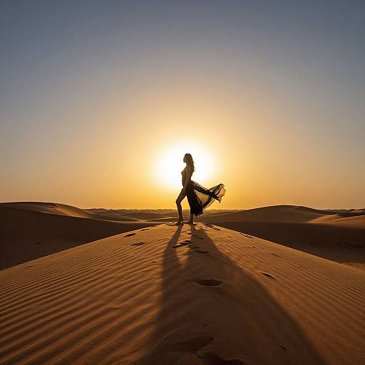 Silhouetted woman with flowing dress walking on rippled sand dunes at sunset, casting long shadow, under a clear, orange sky.