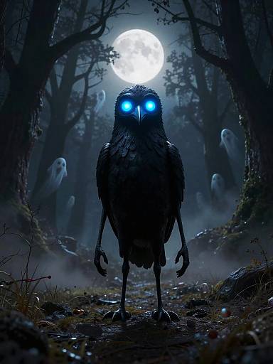 Digital art: Dark forest moonlit scene with a mysterious, glowing-eyed, bird-like creature at center, surrounded by ghostly figures and eerie mist.