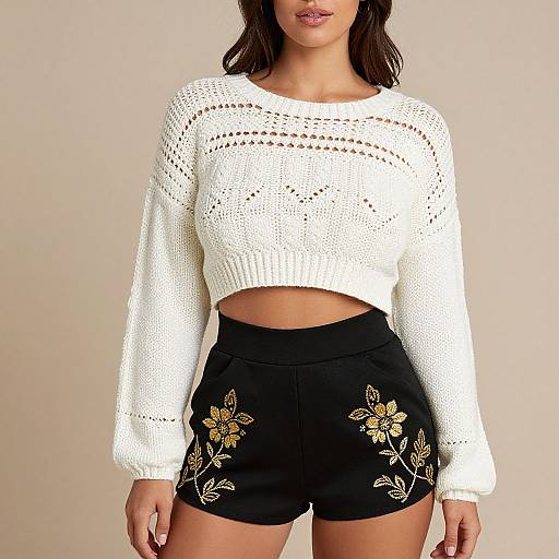 Photograph of a woman with medium skin tone, wearing a white, crocheted crop sweater and black shorts with yellow floral embroidery, standing against a