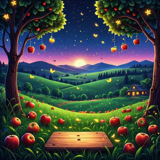 Twilight Meadow with Apple Trees and Glowing Fireflies Twilight Meadow with Apple Trees and Glowing Fireflies