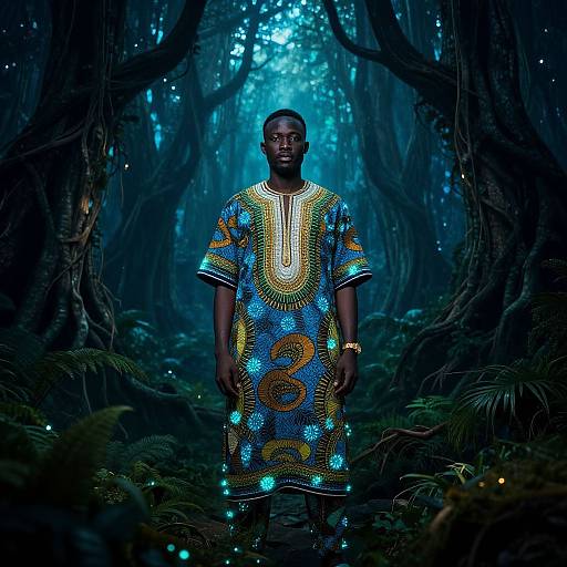 Photograph of a dark-skinned man in a blue, yellow, and orange beaded traditional dress, standing in a mystical, glowing forest with eth