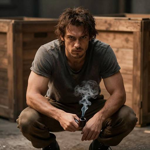 Intense Crouching Man with Weapon