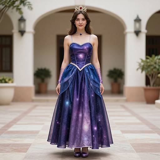 Photograph of a dark-haired woman in a blue, galaxy-patterned, strapless ball gown with a sparkling crown, standing on a tiled courtyard with