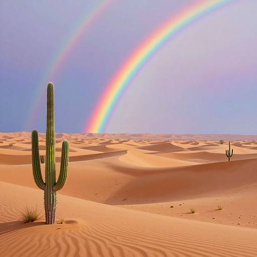 Photograph of a desert with a tall cactus in the foreground, a rainbow arcing across the clear, blue sky, and rolling orange sand d
