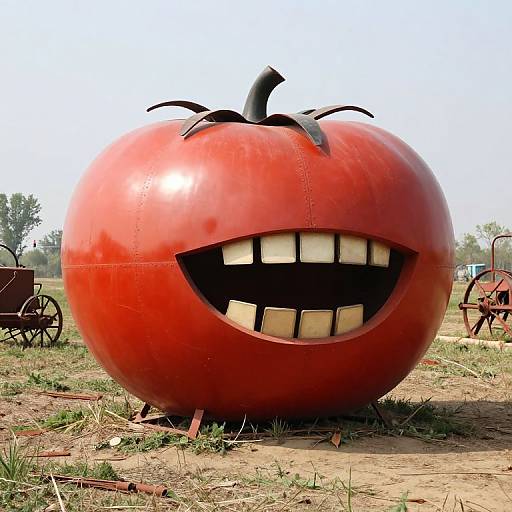 Metallic Tomato Sculpture in Pasture