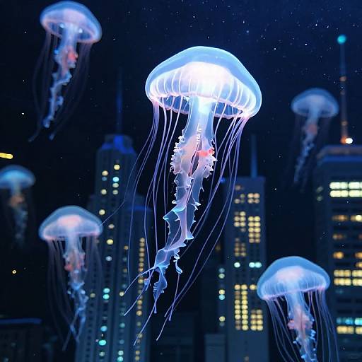 Photograph of glowing blue jellyfish with translucent bell-shaped bodies and trailing tentacles, floating in a dark, starry night sky with illuminated city buildings