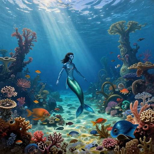 Digital artwork of a shimmering blue mermaid with long black hair, swimming through a vibrant underwater coral reef, surrounded by colorful fish and illuminated by sunlight