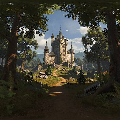 Photorealistic digital painting of a grand, sunlit medieval castle with multiple spires, nestled in a lush, forested path with ferns and