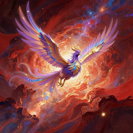 Digital art of a radiant, blue and purple phoenix with fiery wings soaring through a vibrant, cosmic landscape of red and orange clouds.
