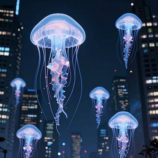 Photograph of glowing jellyfish with blue and white lights floating in a night cityscape, surrounded by illuminated skyscrapers.