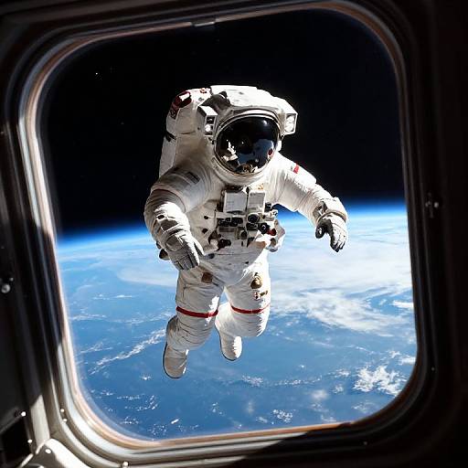 Photograph of an astronaut in a white space suit with a reflective helmet floating outside a space station window, with Earth's blue and white horizon below against