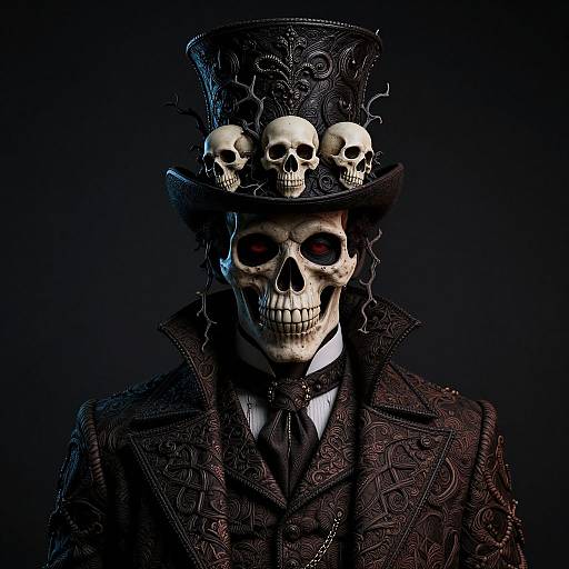 Photograph of a skull-headed figure wearing an ornate black top hat with three skulls, Victorian-style dark suit, and intricate patterns. Dark, ominous