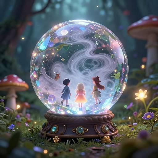 Digital art: Enchanted snow globe with glowing, magical forest scene inside, featuring two silhouetted girls and a fairy, set on orn
