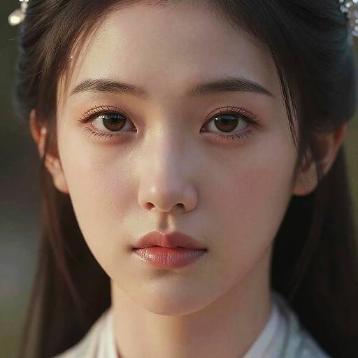 Photorealistic digital portrait of a young East Asian woman with fair skin, large dark eyes, and long black hair, wearing a white top, against