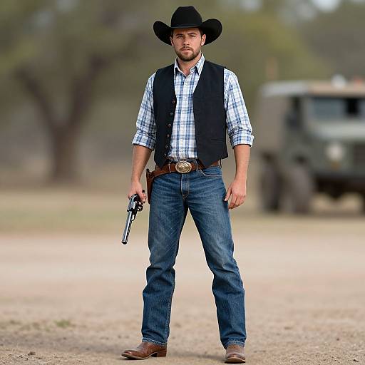 Photograph of a rugged, bearded man in a black cowboy hat, plaid shirt, black vest, and blue jeans, holding a pistol,