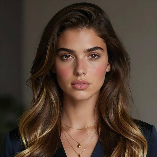 Portrait of Young Woman with Dark Brown Hair and Gold Necklaces