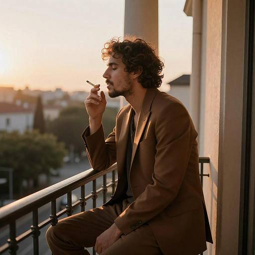 Man on Balcony at Sunset with Cigarette