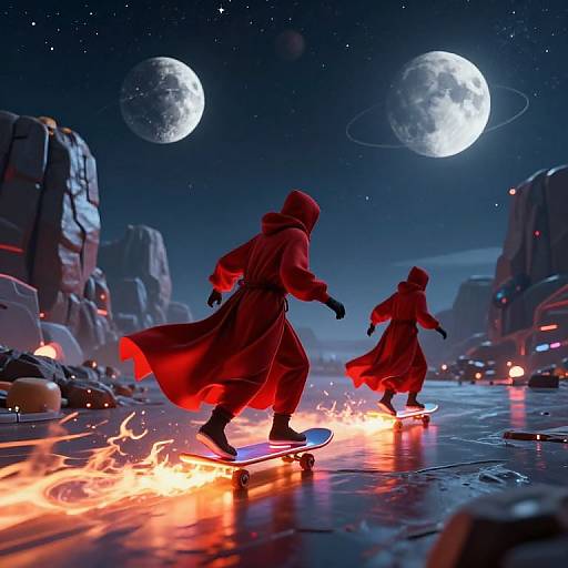 Cyberpunk Red-Robed Skateboarders