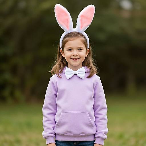 Photograph of a smiling young girl with light brown hair wearing white bunny ears, a lavender hoodie, and white bow tie, standing in a green,