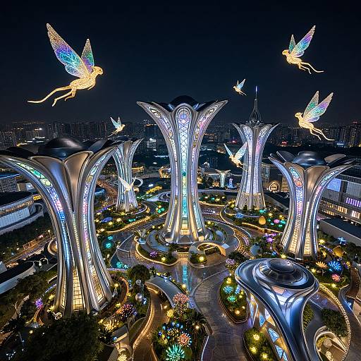 Photograph of a nighttime cityscape featuring glowing, futuristic tree-like structures adorned with illuminated fairy lights and floating, colorful butterfly lights.