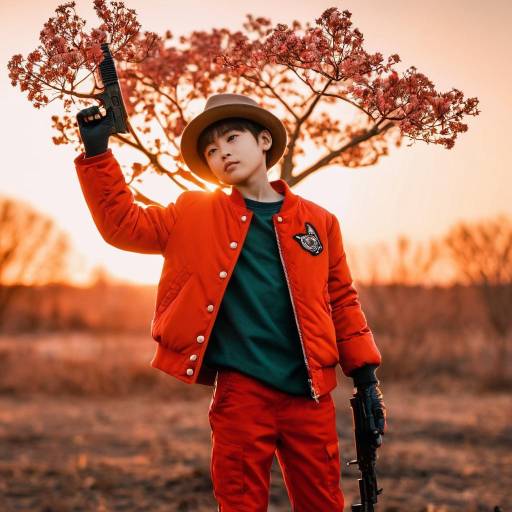 Boy in Red Jacket Holding Gun with Branches at Sunset
