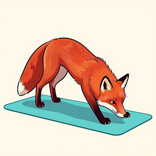 Digital illustration of a red fox with orange fur, black legs, and white-tipped tail, stretching on a blue yoga mat.