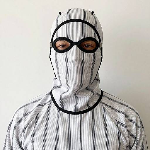 Black-and-white line drawing of a person in a striped mask and goggles, covering their head and upper body, against a plain white background.