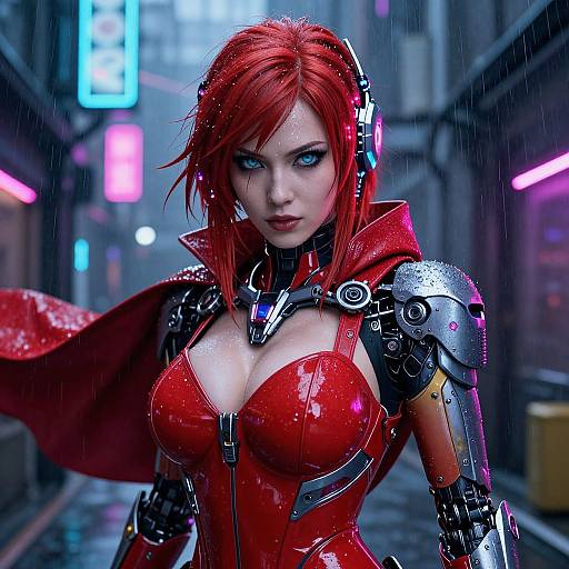 Digital art of a red-haired, cybernetic woman with glowing blue eyes, wearing a red latex suit and metallic armor, standing in a rainy,