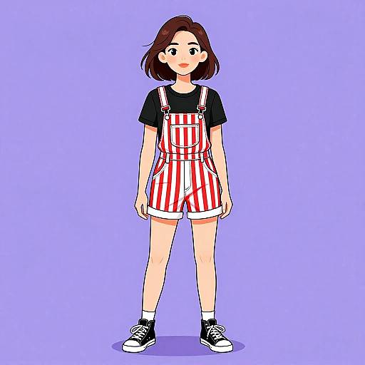 Stylish Woman in Red Striped Overalls