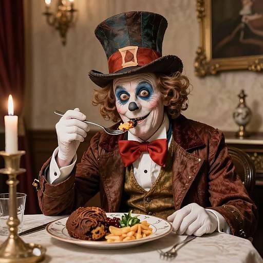 Digital artwork of a clown-like figure in Victorian attire, eating from a plate with macaroni and roast, candlelit room background.