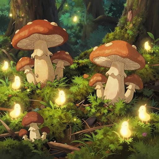 Digital illustration of glowing fairy lights illuminating large red-capped, white-spotted mushrooms in a lush, dark forest with dense greenery and moss.