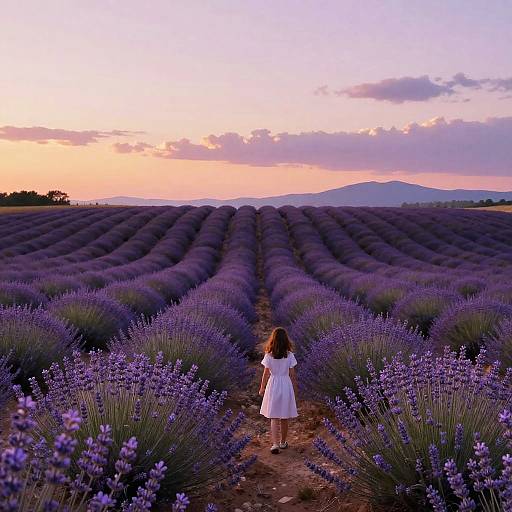 Photograph of a young girl in a white dress standing in a lavender field at sunset, with rows of purple lavender stretching to distant hills under a past