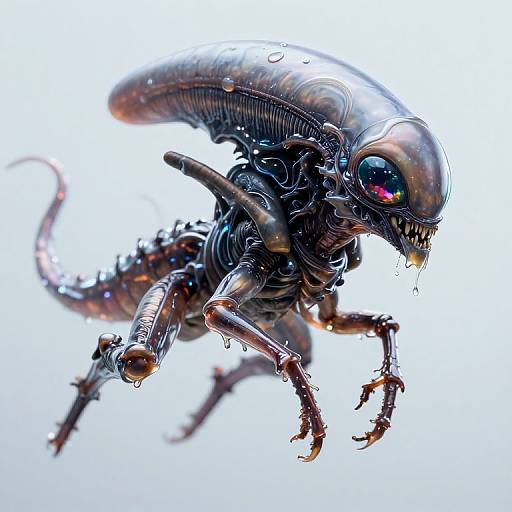 Digital CGI of a sinister, metallic Xenomorph alien with glossy black exoskeleton, sharp claws, glowing red eye, and dripping saliva against a