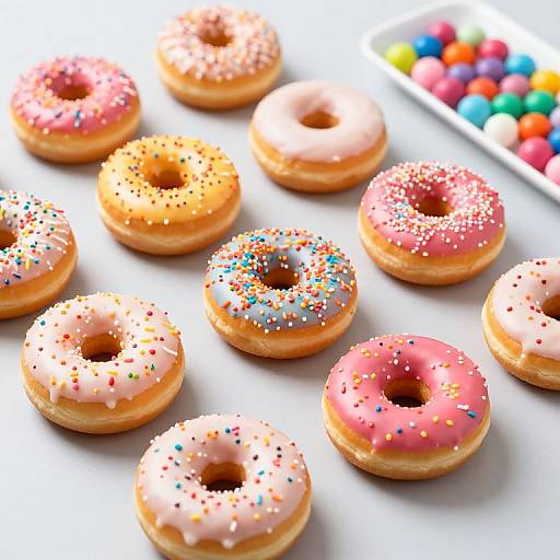 Photograph of colorful glazed donuts with pink, white, and orange icing, sprinkled with multicolored sprinkles, on a white tray.