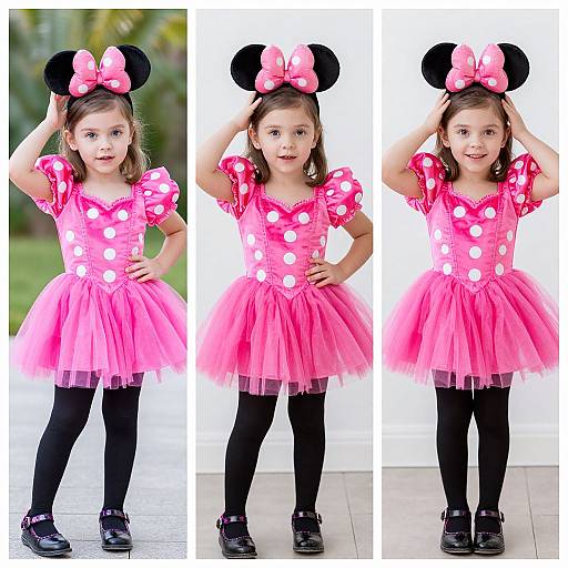 Photograph of a young girl in a pink Minnie Mouse dress with polka dots, black tights, and black shoes, wearing a large pink