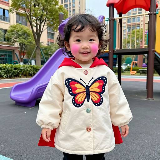 Photograph of an Asian toddler with black curly hair, rosy cheeks, wearing a white butterfly-shirt, standing in a playground with purple slide and city