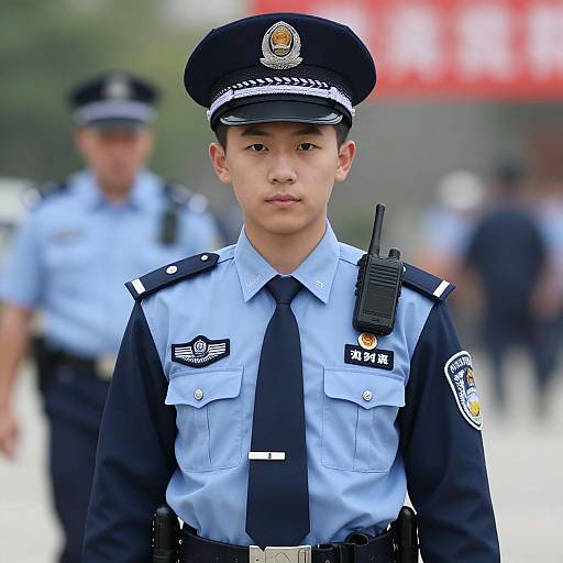 Photograph of a young Asian male police officer in blue uniform with black tie, cap, and radio, standing in front of blurred background with another officer