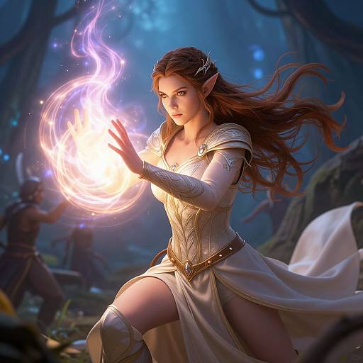Digital fantasy artwork of a beautiful, elven woman with long brown hair, white dress, and pointed ears, conjuring a glowing purple fireball in
