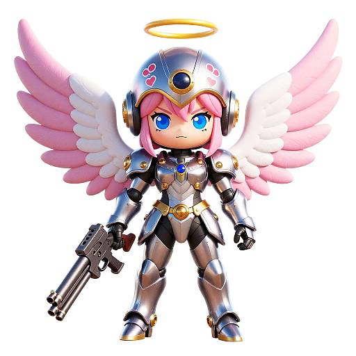 Chibi-style digital artwork of a pink-haired angelic warrior with blue eyes, pink wings, golden halo, silver armor, and holding a gun.