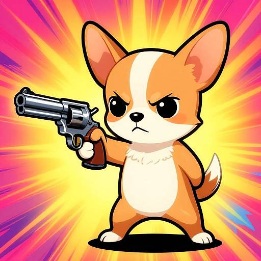Cartoon corgi with white stripe, holding a silver revolver, stands defiantly against a vibrant, explosive yellow and pink background.