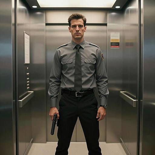 Serious Security Guard Holding Gun in Elevator