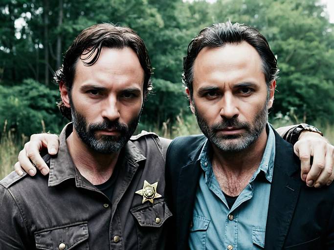 Photograph of two bearded men with dark hair, standing outdoors, one in a brown shirt with star badge, other in black jacket and blue shirt