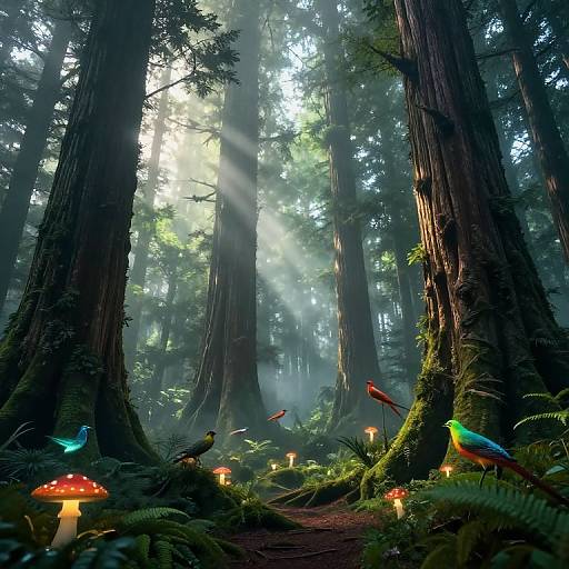 Enchanting forest photograph: Tall redwoods, sunlight beams, colorful birds, glowing mushrooms, lush greenery, misty atmosphere, magical woodland scene