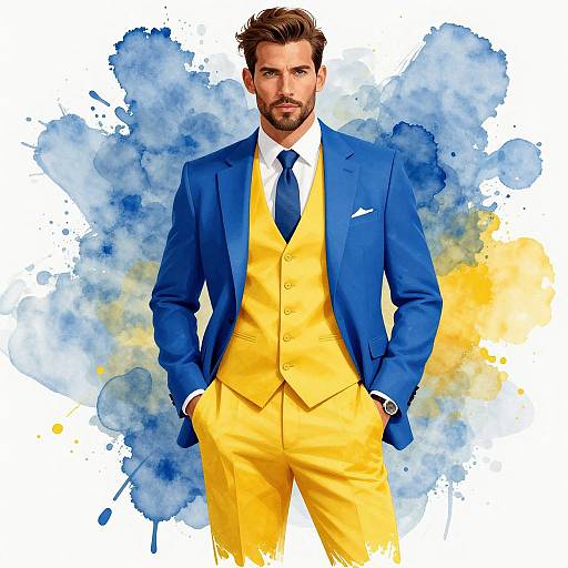 Photograph of a handsome, bearded man in a bright blue suit, yellow vest, and blue tie, standing confidently with hands in pockets, against