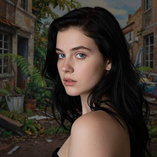 Photograph of a fair-skinned, blue-eyed woman with long, black, wavy hair, standing in a dilapidated, overgrown urban